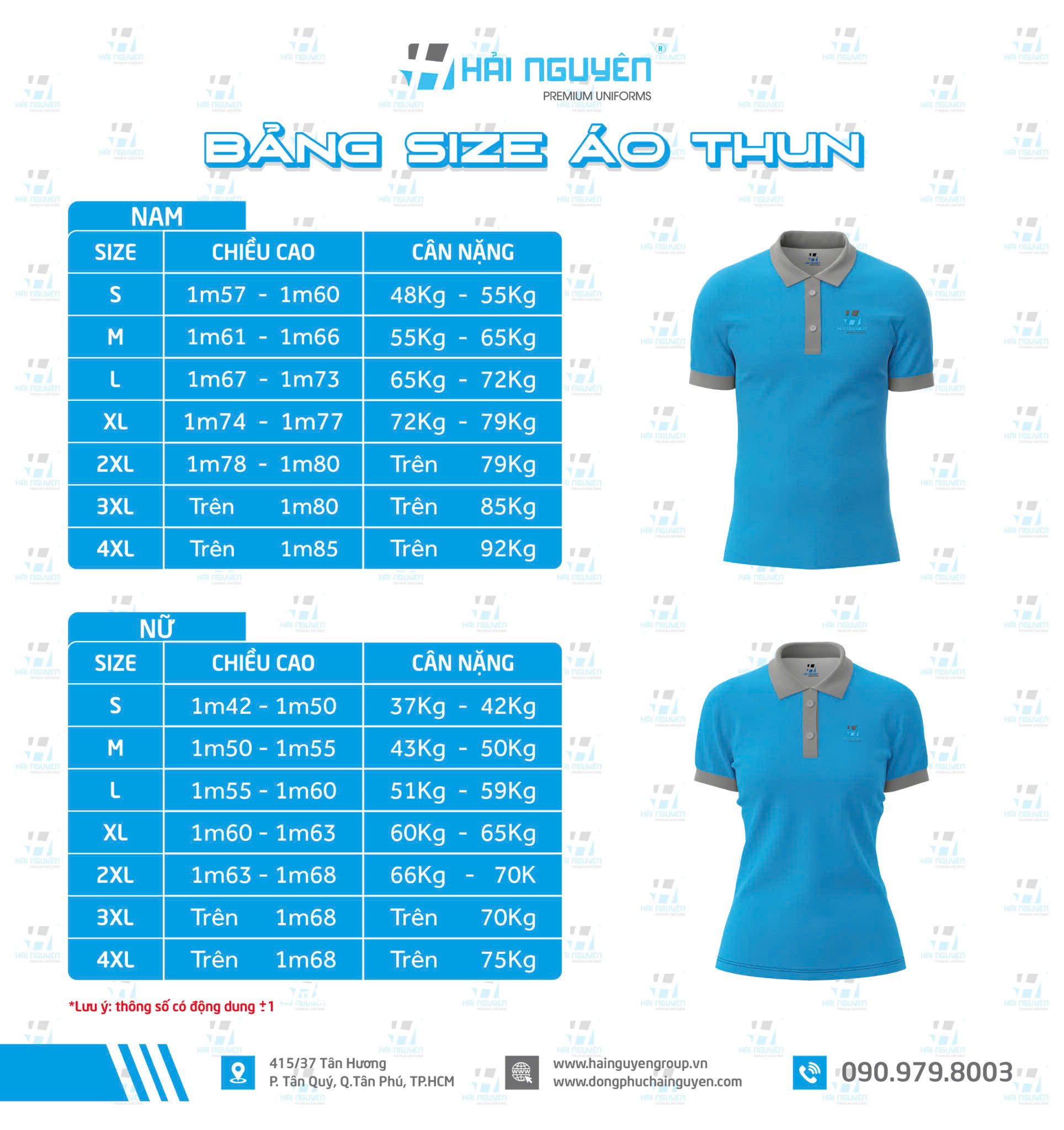 Bảng size may áo đồng phục