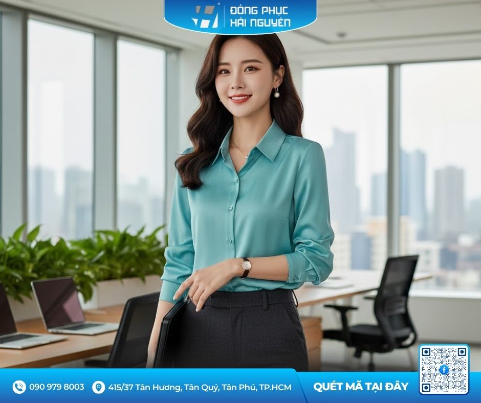 Áo sơ mi tay dài màu xanh ngọc