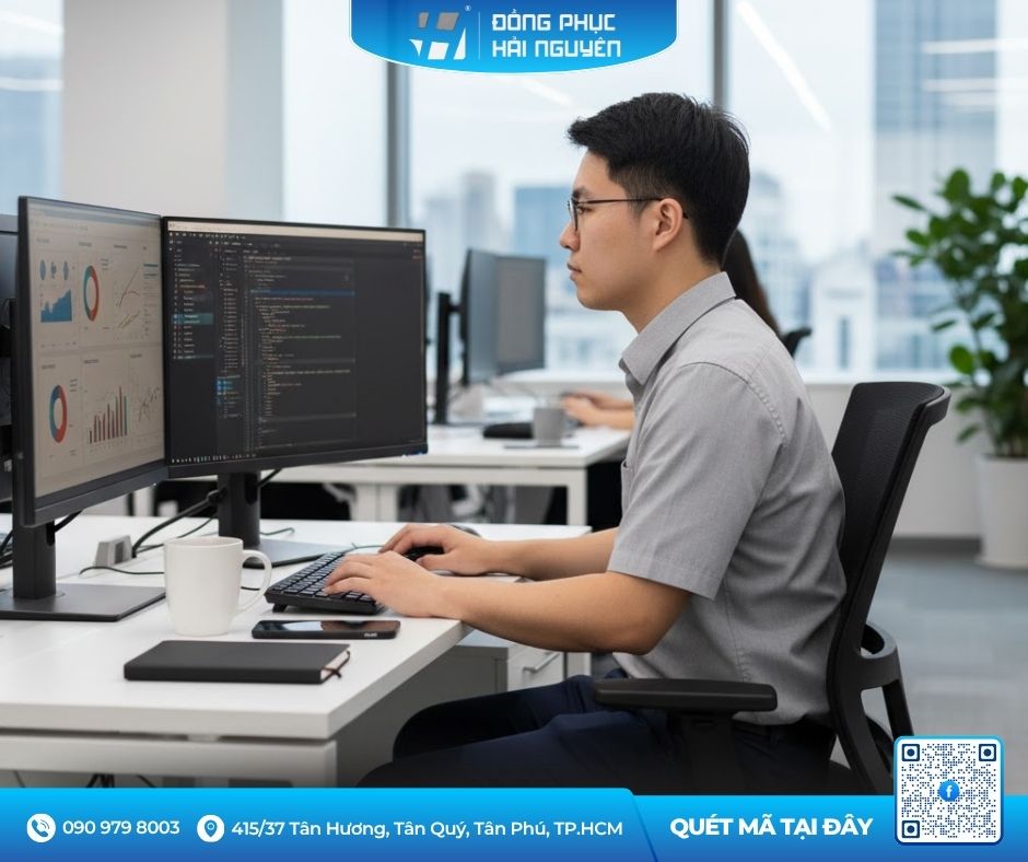 Áo đồng phục sơ mi màu xám cho nam tay ngắn dễ mặc