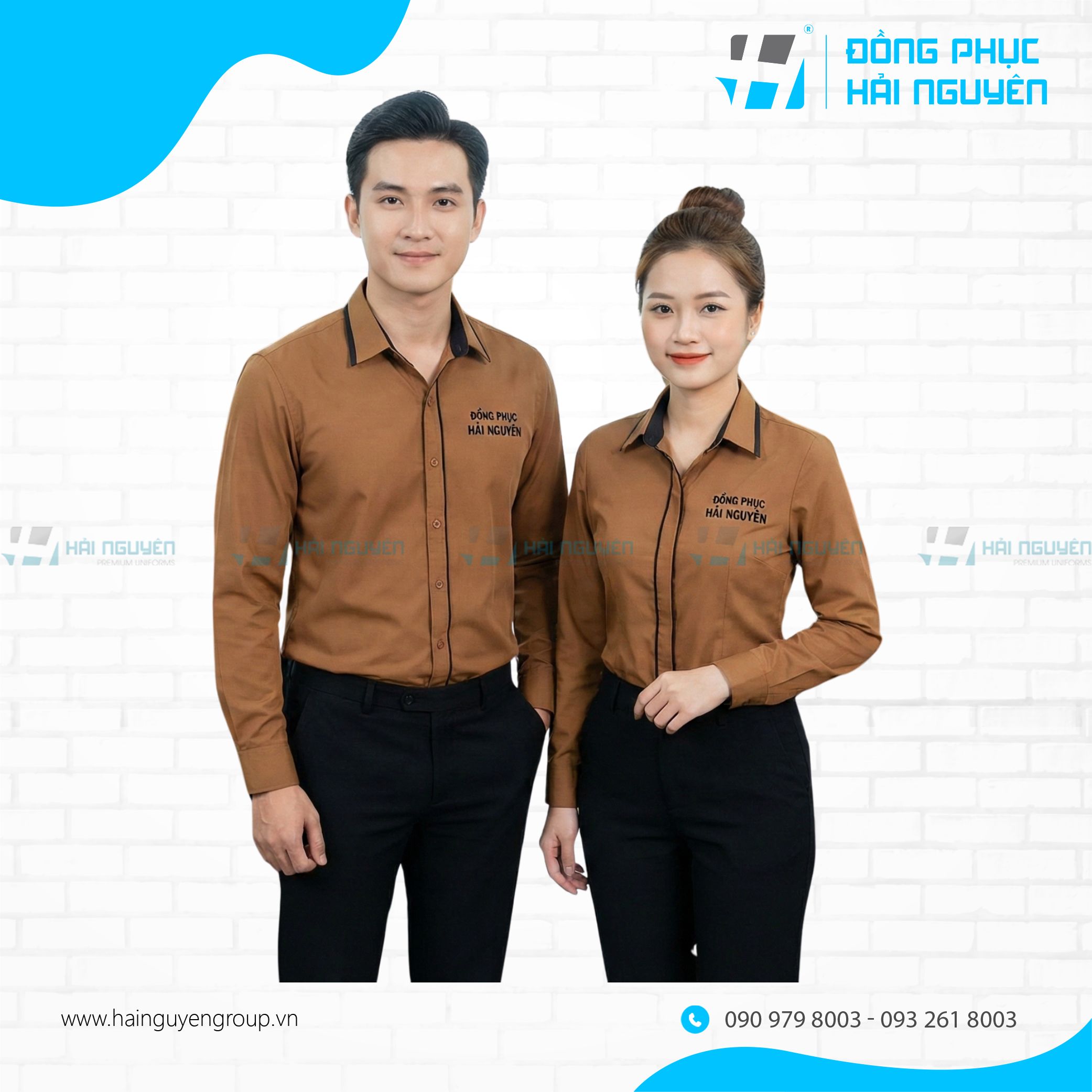 Áo sơ mi màu nâu phối viền đen thêu logo theo yêu cầu