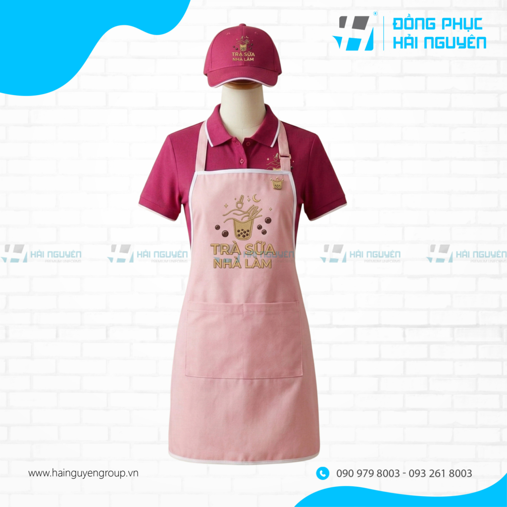 Tạp Dề Phục Vụ Qu&aacute;n Tr&agrave; Sữa Phối Viền M&agrave;u Hiện Đại