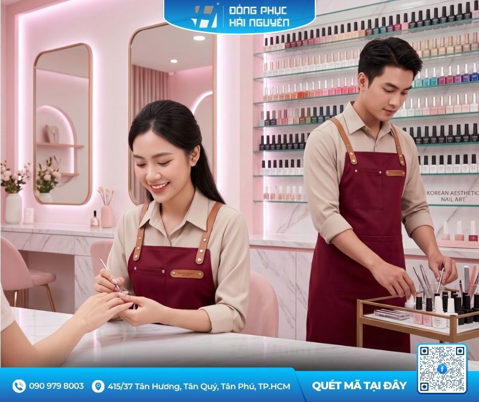 Mẫu Tạp Dề Nails Dạng Yếm D&agrave;i M&agrave;u Đỏ Đ&ocirc; Sang Trọng