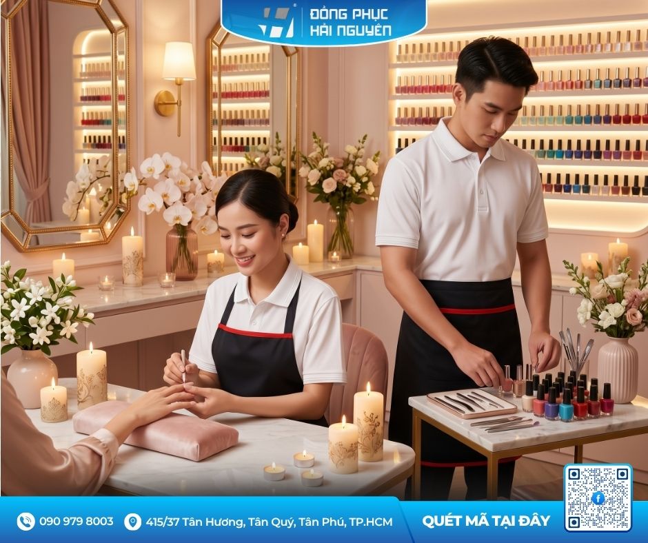 Tạp Dề Phối Viền Đỏ Cho Tiệm Nail